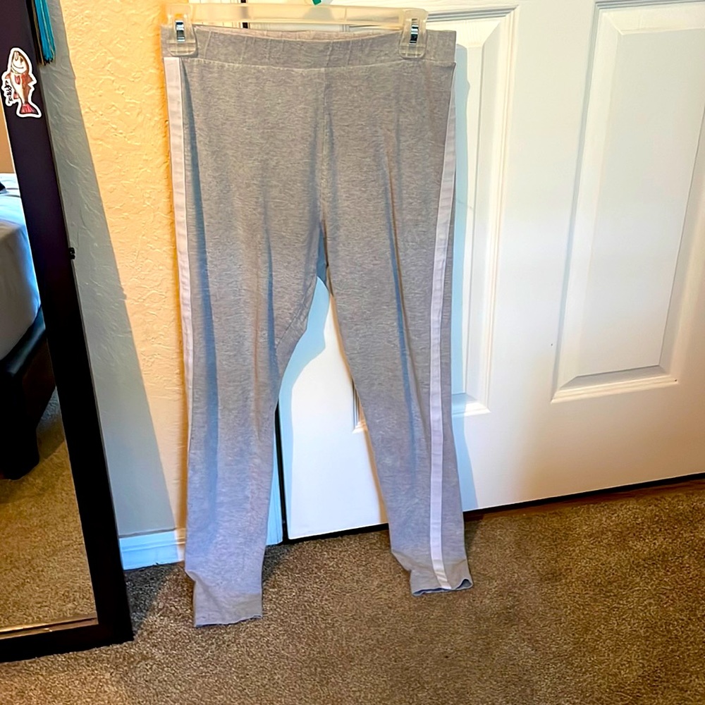 grey leggings with a white stripe on each side